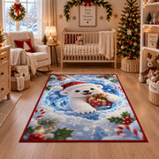 Cute Polar Bear Gift Christmas Rug in front of a fireplace with Christmas decorations