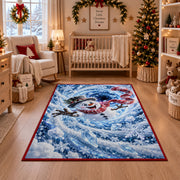 Snowman Blue Snowflake Spiral Christmas Rug in front of a fireplace with Christmas decorations