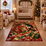 Christmas Elf Wrapped Present Rug in front of a fireplace with Christmas decorations