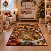 Christmas Elf Golden Workshop Spiral Rug in front of a fireplace with Christmas decorations