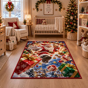 Santa Flying Presents Christmas Rug in front of a fireplace with Christmas decorations