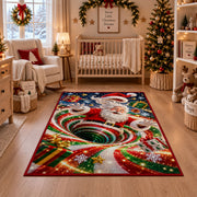 Santa Red Green Snow Spiral Christmas Rug in front of a fireplace with Christmas decorations