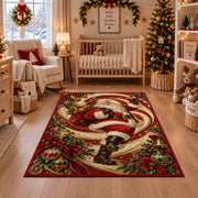 Santa swirl Christmas rug in front of a fireplace with Christmas decorations