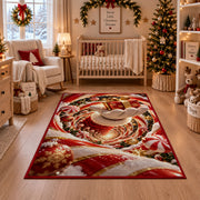 Golden Bell Christmas Rug in front of a fireplace with Christmas decorations