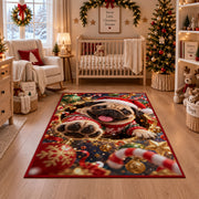 Santa Hat Christmas Rug in front of a fireplace with Christmas decorations