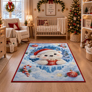 Cute Polar Bear Christmas Rug in front of a fireplace with Christmas decorations