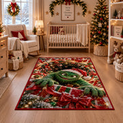 Green Holiday Monster Rug in front of a fireplace with Christmas decorations