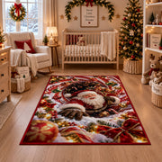 Santa Christmas Rug in front of a fireplace with Christmas decorations
