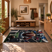 gridiron tunnel football design area rug displayed in a entryway