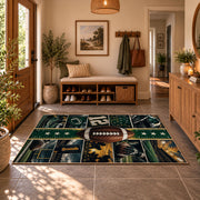green gridiron jersey design area rug displayed in a entryway
