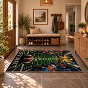 football field goal line scene area rug displayed in a entryway