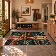vintage football grid collage area rug displayed in a entryway