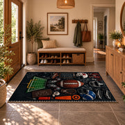 football equipment playbook collage area rug displayed in a entryway