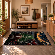 stadium football field scene area rug displayed in a entryway
