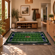 classic football field design area rug displayed in a entryway