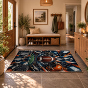 football helmet action collage area rug displayed in a entryway