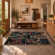 vintage football field collage area rug displayed in a entryway