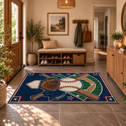patriotic baseball gear area rug displayed in a entryway