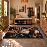 crossed baseball bats and diamond field area rug displayed in a entryway