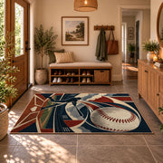 geometric baseball strike design area rug displayed in a entryway