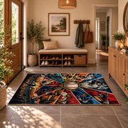 baseball action collage area rug displayed in a entryway