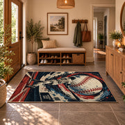 baseball pitcher action design area rug displayed in a entryway