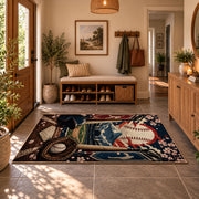 ballpark baseball gear scene area rug displayed in a entryway