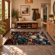 dynamic baseball player collage area rug displayed in a entryway