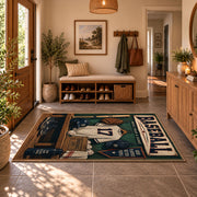 classic baseball locker room scene area rug displayed in a entryway