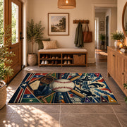 crossed bats baseball emblem area rug displayed in a entryway