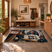 vintage baseball clubhouse collage area rug displayed in a entryway