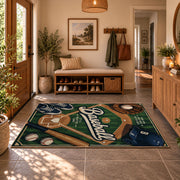 green baseball glove emblem area rug displayed in a entryway