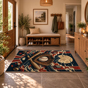 baseball glove crest collage area rug displayed in a entryway