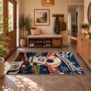 vintage baseball player poster area rug displayed in a entryway
