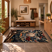 vintage baseball gear collage area rug displayed in a entryway