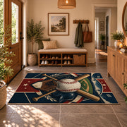 home plate baseball emblem area rug displayed in a entryway
