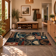 baseball stadium blueprint collage area rug displayed in a entryway