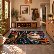 dynamic baseball action collage area rug displayed in a entryway