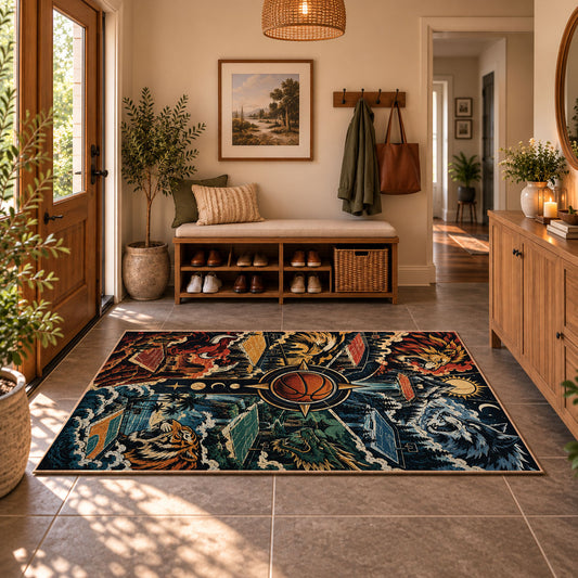 Cosmic Basketball Skyline Rug displayed in a welcoming entryway