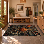 Mechanical Basketball Emblem Rug displayed in a welcoming entryway