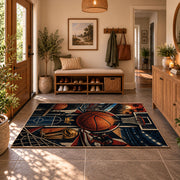 Basketball Hoop Collage Rug displayed in a welcoming entryway