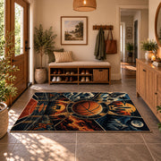 Sunset Skyline Basketball Hoop Rug displayed in a welcoming entryway