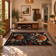 Dark Basketball Equipment Collage Rug displayed in a welcoming entryway