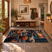Urban Basketball Hoop Collage Rug displayed in a welcoming entryway