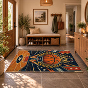 Orange Star Basketball Court Rug displayed in a welcoming entryway