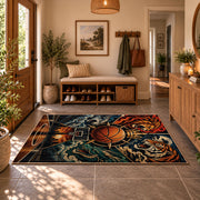 Mythic Basketball Emblem Rug displayed in a welcoming entryway