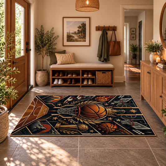 Golden Winged Basketball Rug displayed in a welcoming entryway