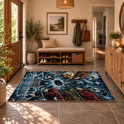 Hockey Goal and Players Collage Rug displayed in a welcoming entryway