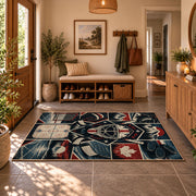 Hockey Gear and Rink Collage Rug displayed in a welcoming entryway
