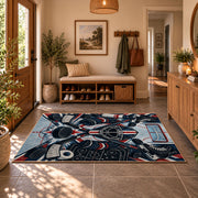 Hockey Puck and Crossed Sticks Emblem Rug displayed in a welcoming entryway